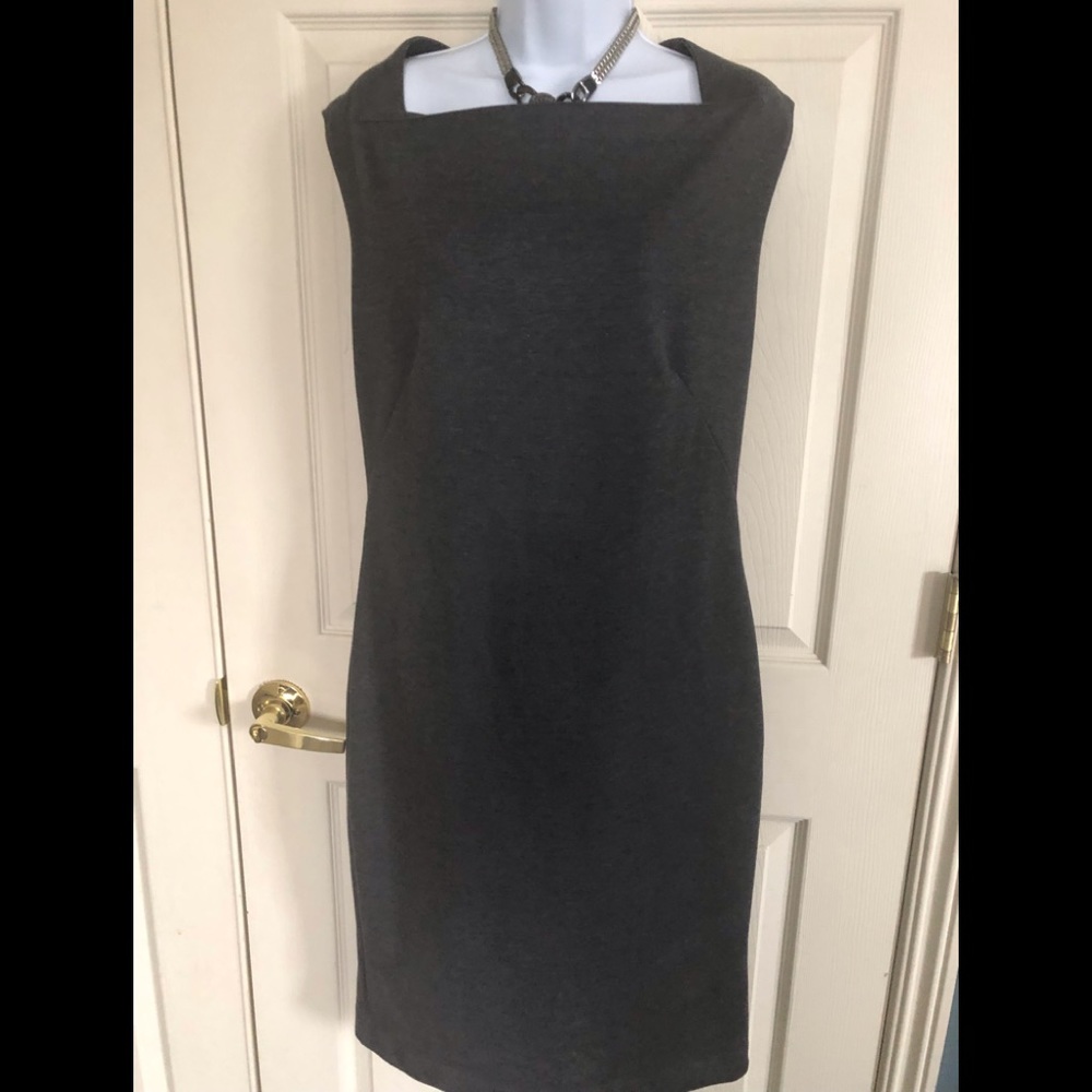 Noir. Grey sheath dress with square cut neckline